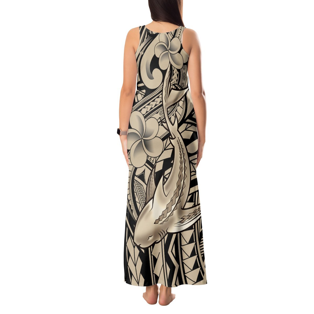 Polynesian Shark Tribal Tattoo Tank Maxi Dress Beige Style LT9 - Polynesian Pride