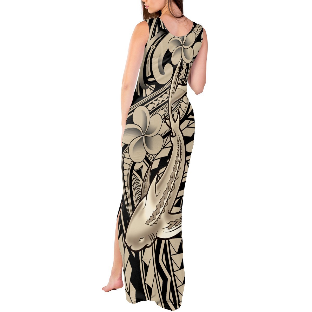 Polynesian Shark Tribal Tattoo Tank Maxi Dress Beige Style LT9 - Polynesian Pride