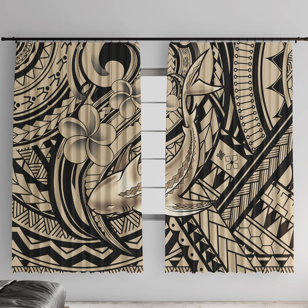 Polynesian Shark Tribal Tattoo Window Curtain Beige Style LT9 With Hooks Beige - Polynesian Pride
