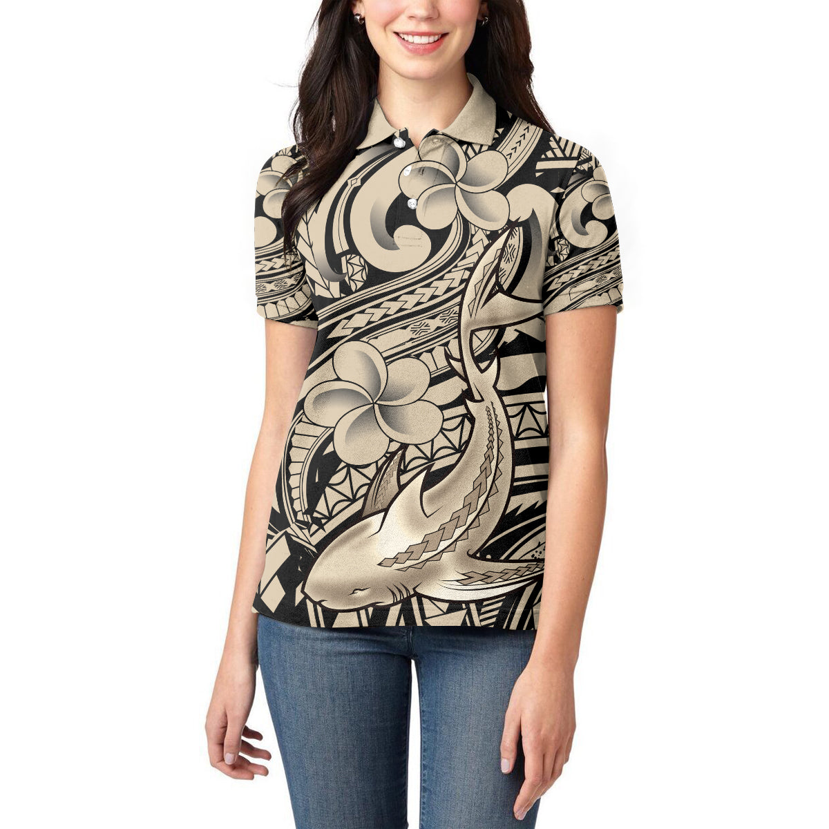 Polynesian Shark Tribal Tattoo Women Polo Shirt Beige Style LT9 - Polynesian Pride