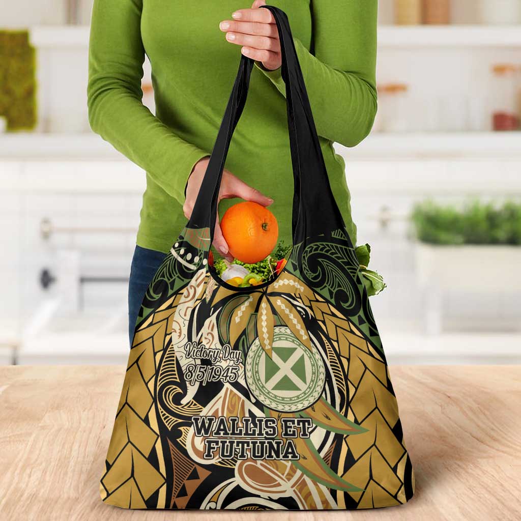 Wallis and Futuna Victory Day Grocery Bag Since 1945 with Polynesian Platinum Floral Tribal LT9 - Polynesian Pride