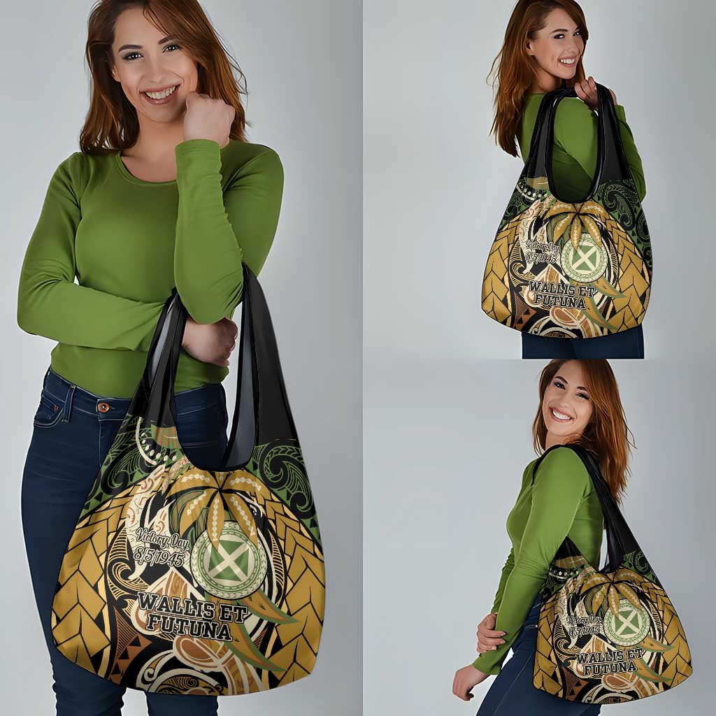 Wallis and Futuna Victory Day Grocery Bag Since 1945 with Polynesian Platinum Floral Tribal LT9 - Polynesian Pride