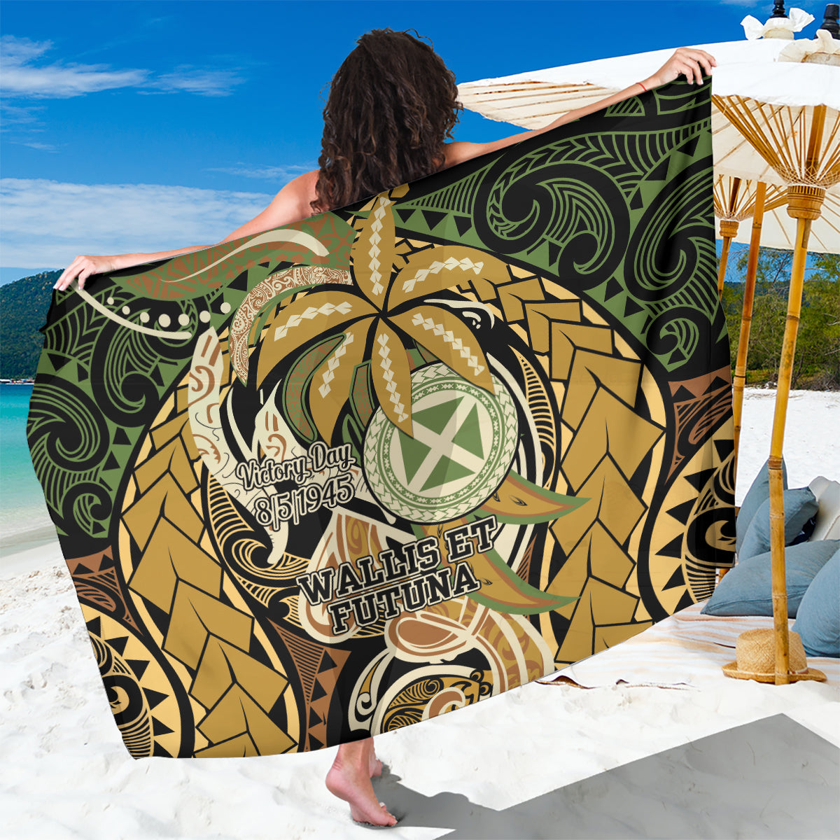 Wallis and Futuna Victory Day Sarong Since 1945 with Polynesian Platinum Floral Tribal LT9 One Size 44 x 66 inches Red - Polynesian Pride