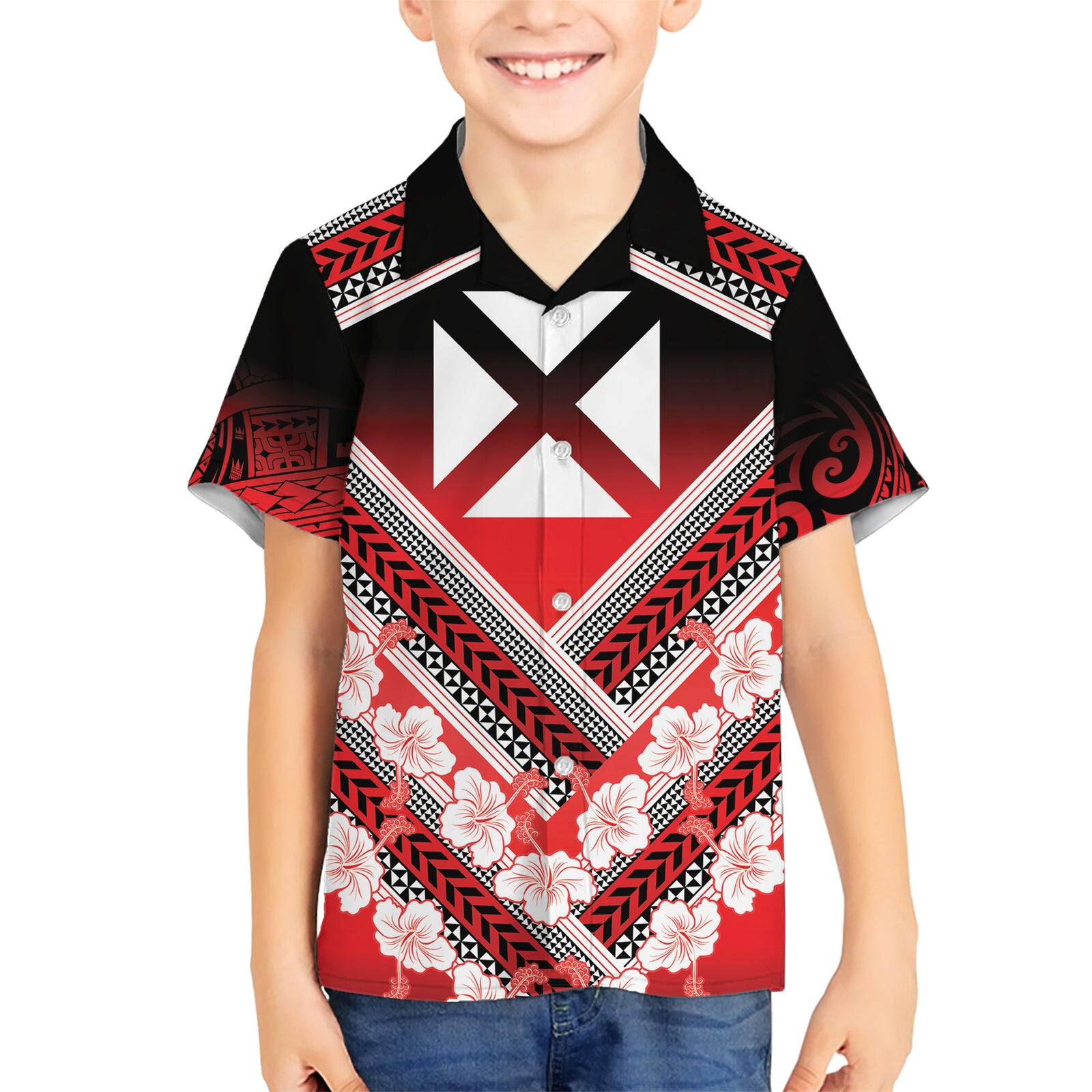 Personalised Wallis et Futuna Kid Hawaiian Shirt Hibiscus and Polynesian Tribal Tattoos LT9 Kid Red - Polynesian Pride