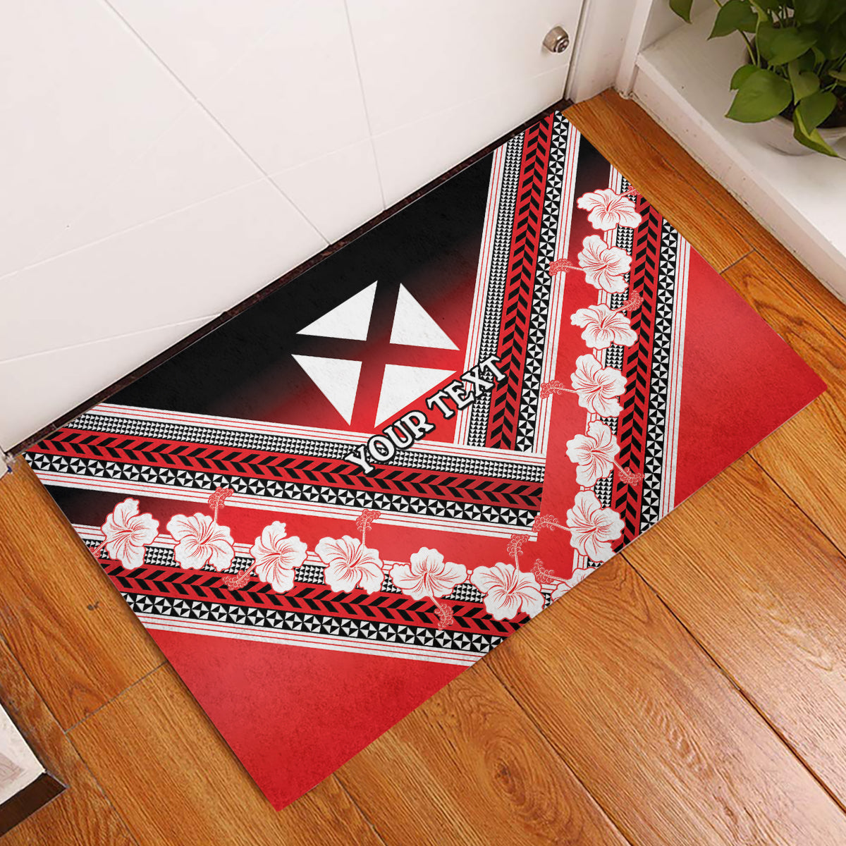 Personalised Wallis et Futuna Rubber Doormat Hibiscus and Polynesian Tribal Tattoos LT9 Red - Polynesian Pride