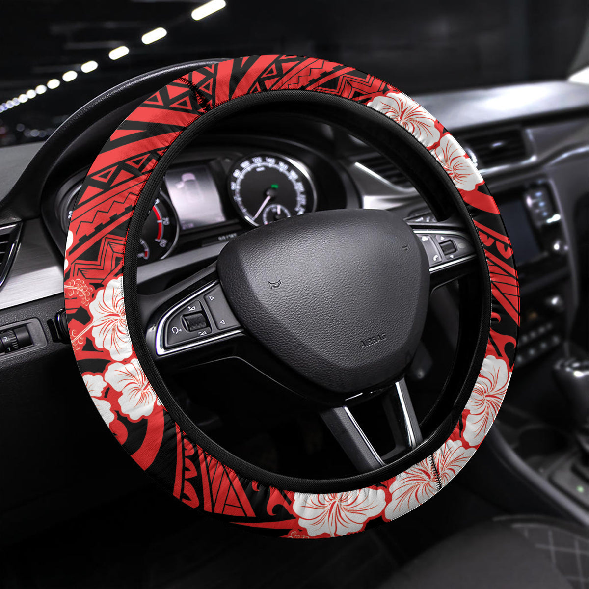 Personalised Wallis et Futuna Steering Wheel Cover Hibiscus and Polynesian Tribal Tattoos