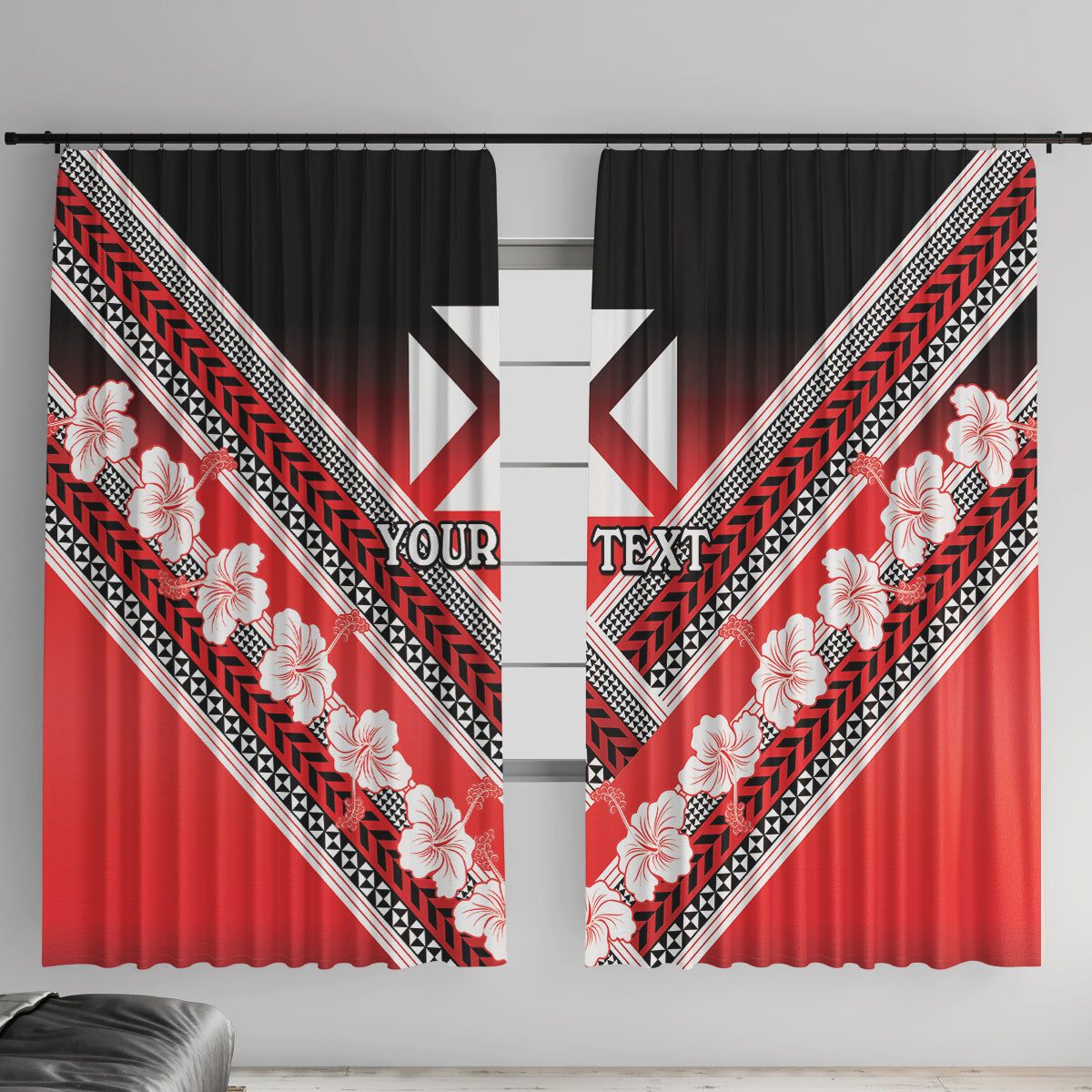 Personalised Wallis et Futuna Window Curtain Hibiscus and Polynesian Tribal Tattoos LT9 With Hooks Red - Polynesian Pride