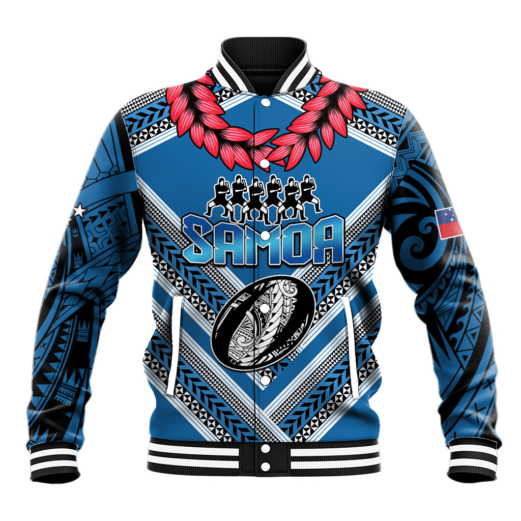Custom Manuma Samoa Rugby Baseball Jacket Ula fala Samoan Siva Tau Tribal LT9 Unisex Blue - Polynesian Pride