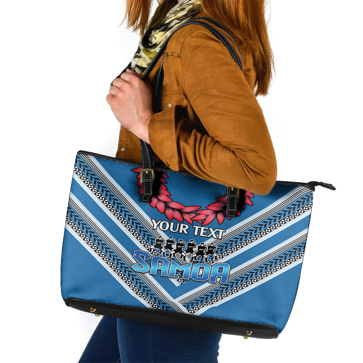 Custom Manuma Samoa Rugby Leather Tote Bag Ula fala Samoan Siva Tau Tribal LT9 Blue - Polynesian Pride