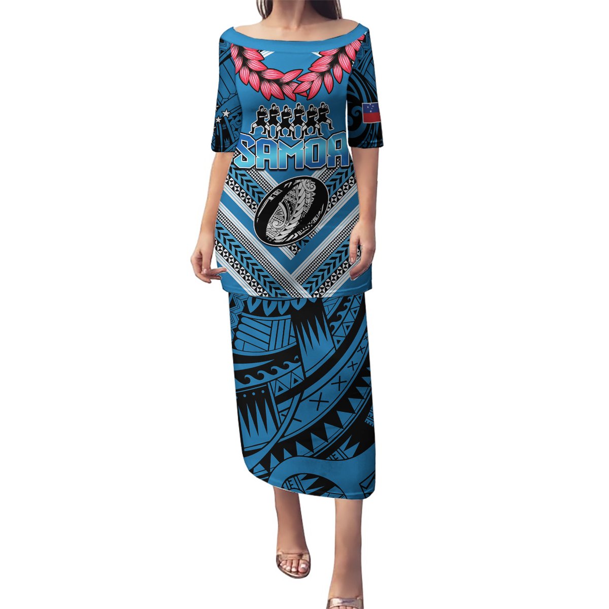 Custom Manuma Samoa Rugby Puletasi Ula fala Samoan Siva Tau Tribal LT9 Long Dress Blue - Polynesian Pride