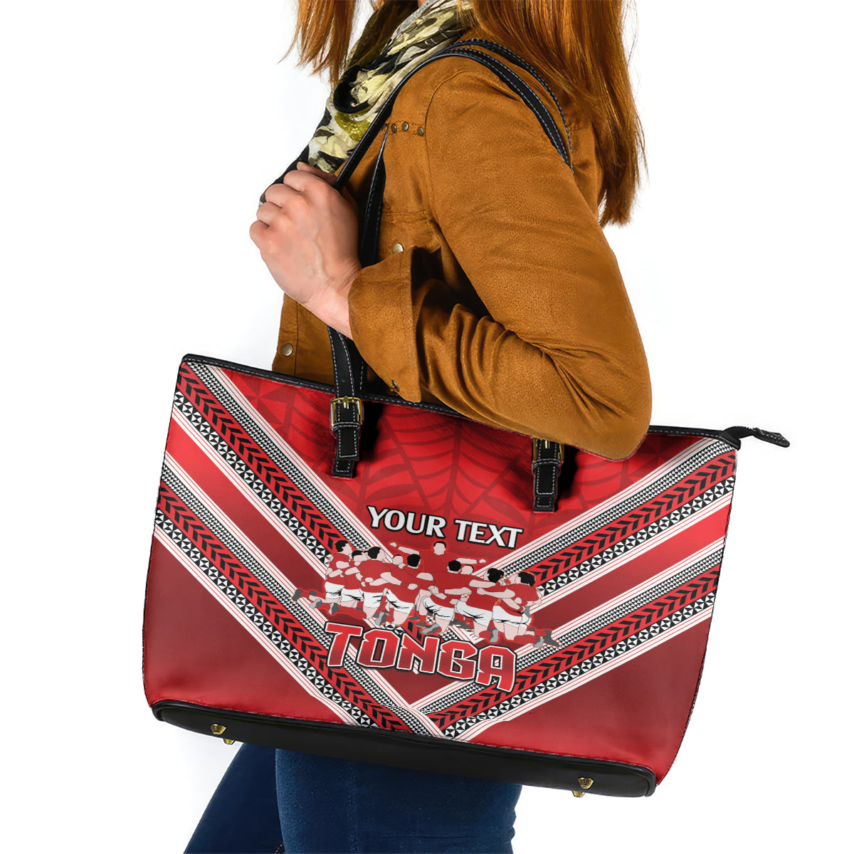 Custom Tonga Rugby Leather Tote Bag Tonga Sipi Tau Ngatu Tribal Pattern LT9 Red - Polynesian Pride