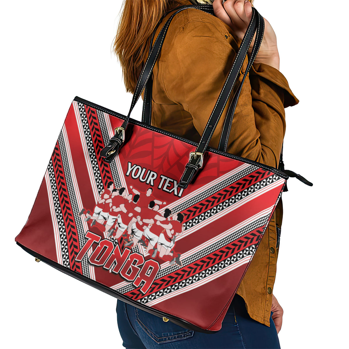 Custom Tonga Rugby Leather Tote Bag Tonga Sipi Tau Ngatu Tribal Pattern LT9 - Polynesian Pride