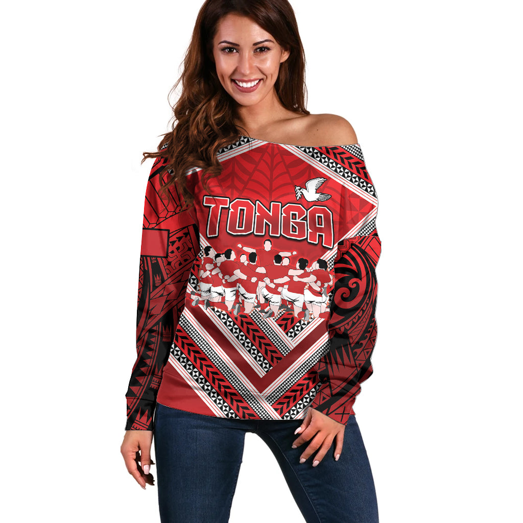 Custom Tonga Rugby Off Shoulder Sweater Tonga Sipi Tau Ngatu Tribal Pattern LT9 Women Red - Polynesian Pride