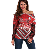 Custom Tonga Rugby Off Shoulder Sweater Tonga Sipi Tau Ngatu Tribal Pattern LT9 Women Red - Polynesian Pride