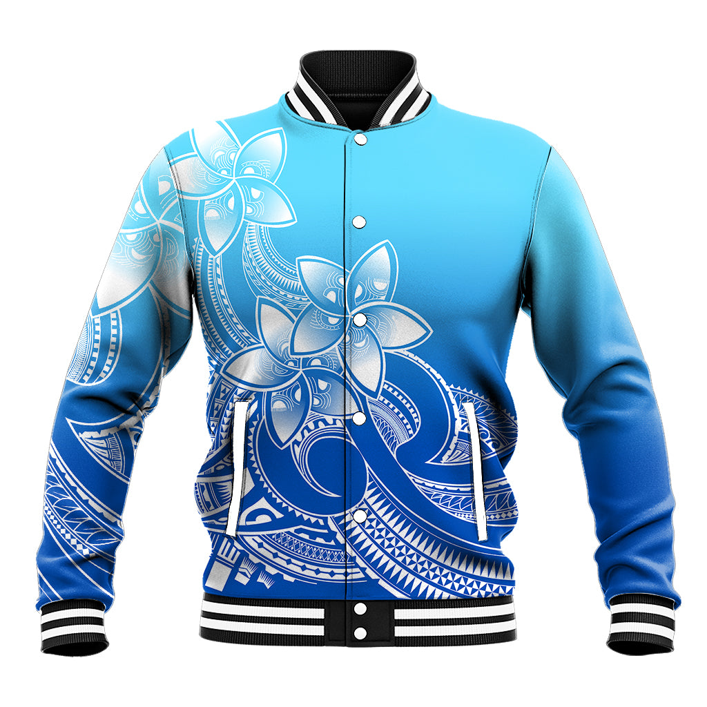 Polynesian Pride Plumeria Flowers Baseball Jacket Polynesian Tribal Gradient Blue LT9 Unisex Blue - Polynesian Pride