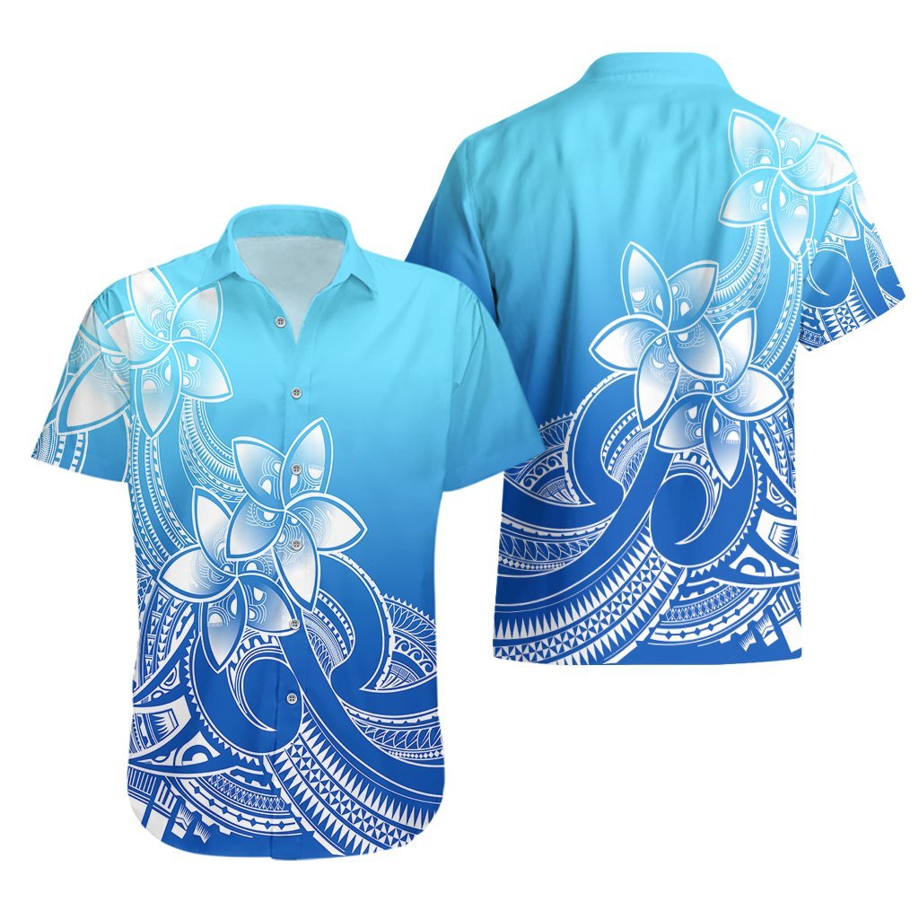 Polynesian Pride Plumeria Flowers Hawaiian Shirt Polynesian Tribal Gradient Blue LT9 - Polynesian Pride