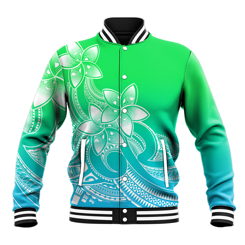 Polynesian Pride Plumeria Flowers Baseball Jacket Polynesian Tribal Gradient Green LT9 Unisex Green - Polynesian Pride