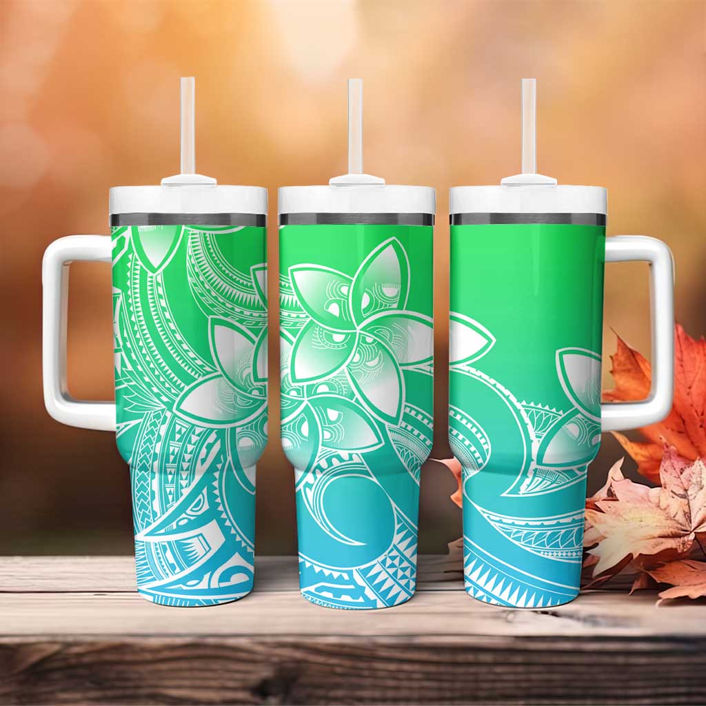 Polynesian Tribal Plumeria Flowers Tumbler With Handle Gradient Green Vibe LT9 - Polynesian Pride