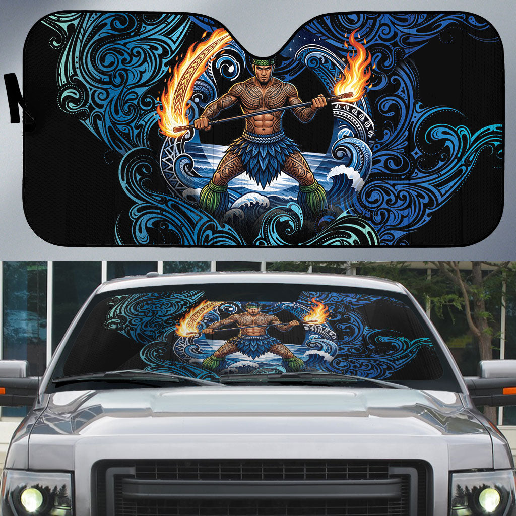 Samoa Siva Afi Auto Sun Shade Fireknife Fire Dance Pacific Tribal Motif LT9 Blue - Polynesian Pride