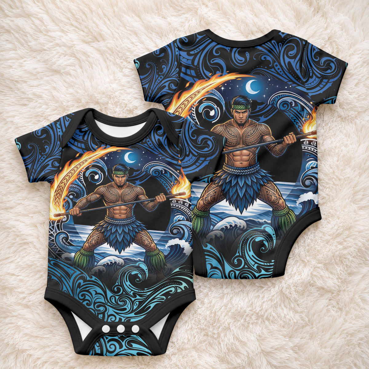 Samoa Siva Afi Baby Onesie Fireknife Fire Dance Pacific Tribal Motif LT9 - Polynesian Pride
