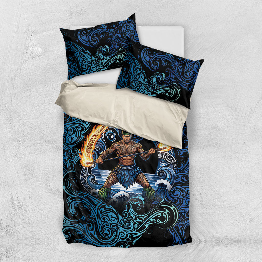 Samoa Siva Afi Bedding Set Fireknife Fire Dance Pacific Tribal Motif LT9 US Twin 172cm x 218cm Blue - Polynesian Pride