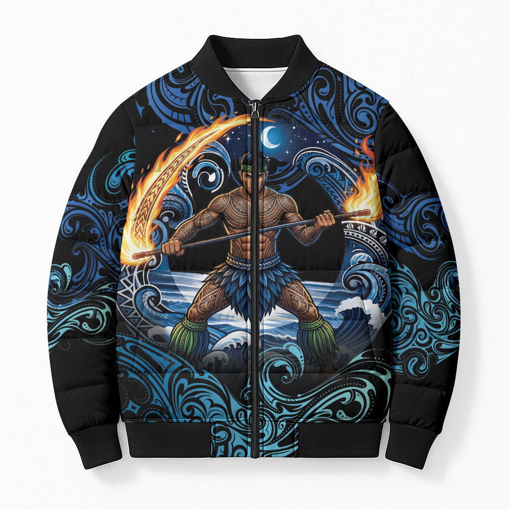 Samoa Siva Afi Bomber Puffer Jacket Fireknife Fire Dance Pacific Tribal Motif LT9 Unisex Blue - Polynesian Pride
