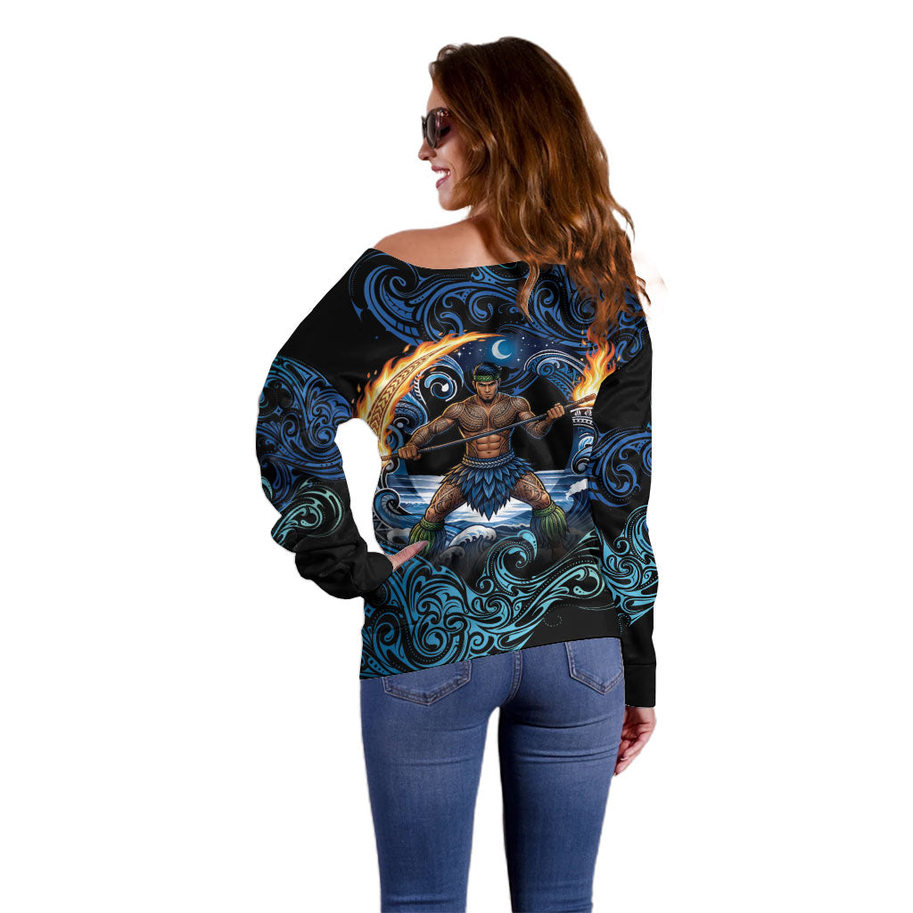 Samoa Siva Afi Off Shoulder Sweater Fireknife Fire Dance Pacific Tribal Motif LT9 - Polynesian Pride