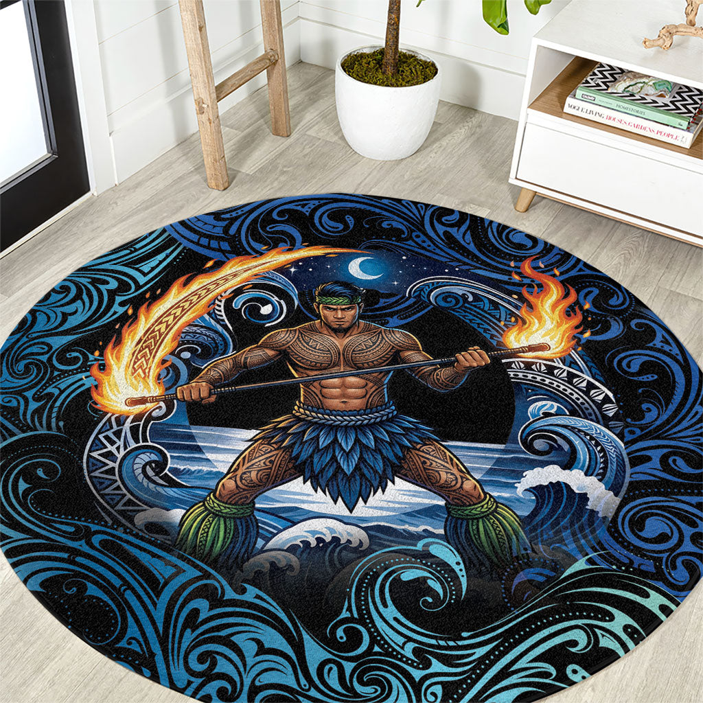 Samoa Siva Afi Round Carpet Fireknife Fire Dance Pacific Tribal Motif LT9 Blue - Polynesian Pride