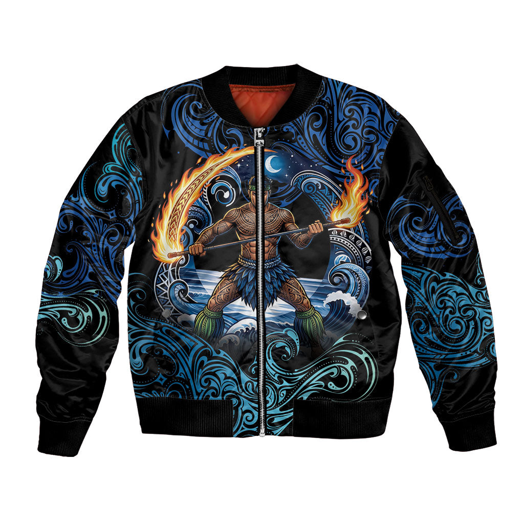 Samoa Siva Afi Sleeve Zip Bomber Jacket Fireknife Fire Dance Pacific Tribal Motif LT9 Unisex Blue - Polynesian Pride