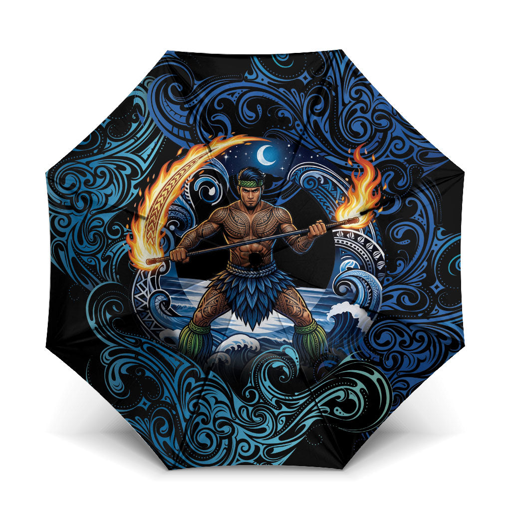 Samoa Siva Afi Umbrella Fireknife Fire Dance Pacific Tribal Motif LT9 One Size Folded 11.42 inch Opened Diameter 37.4 inch Blue - Polynesian Pride