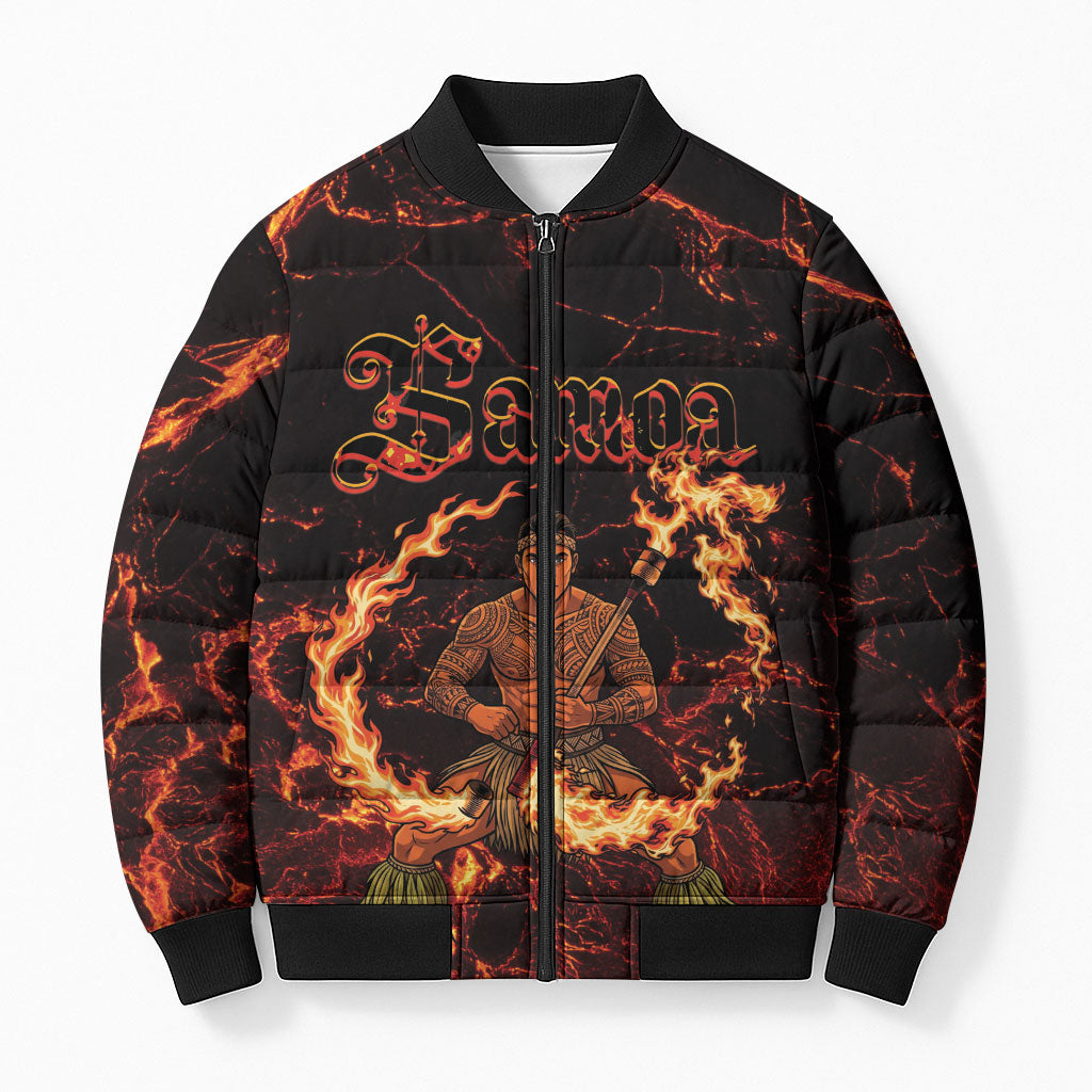 Samoa Siva Afi Dance Fireknife Bomber Puffer Jacket Polynesian Heritage Fire Dance LT9 Unisex Black - Polynesian Pride