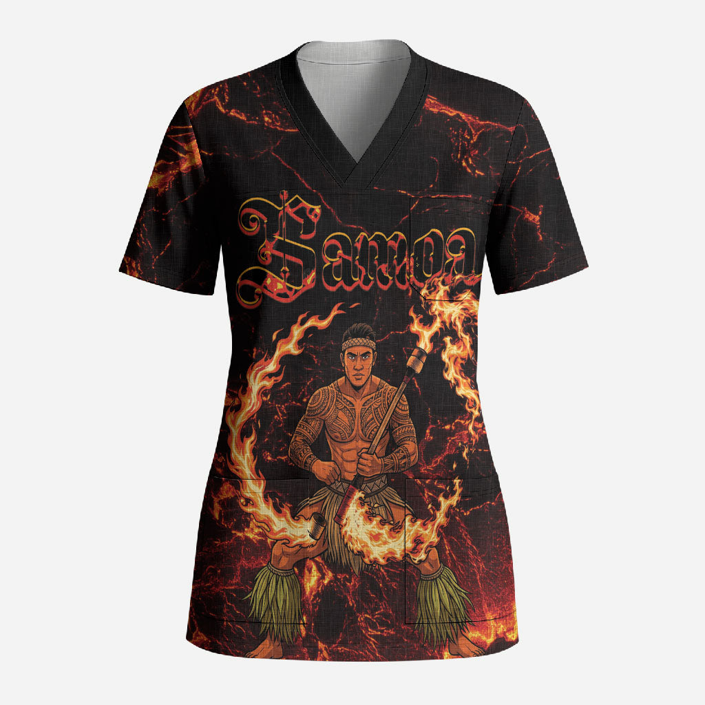 Samoa Siva Afi Dance Fireknife Scrub Top Polynesian Heritage Fire Dance LT9 Adult Black - Polynesian Pride