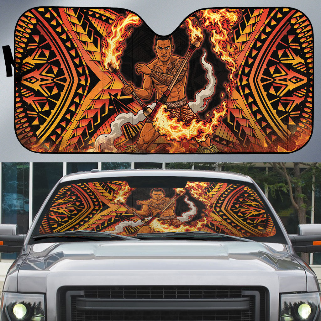 Samoa Siva Afi Dance Fireknife Auto Sun Shade Samoan Tribal Motif Dancing in the Fire LT9 Red - Polynesian Pride