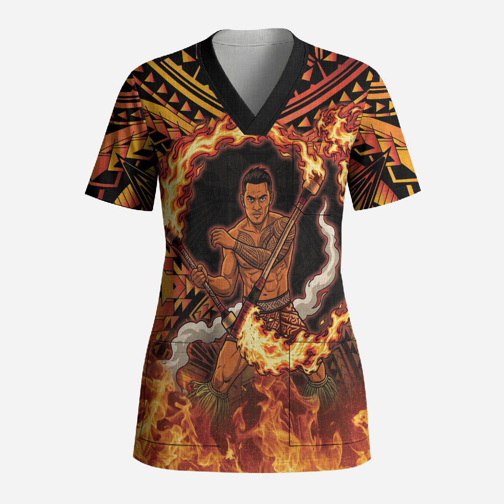 Samoa Siva Afi Dance Fireknife Scrub Top Samoan Tribal Motif Dancing in the Fire LT9 Adult Red - Polynesian Pride