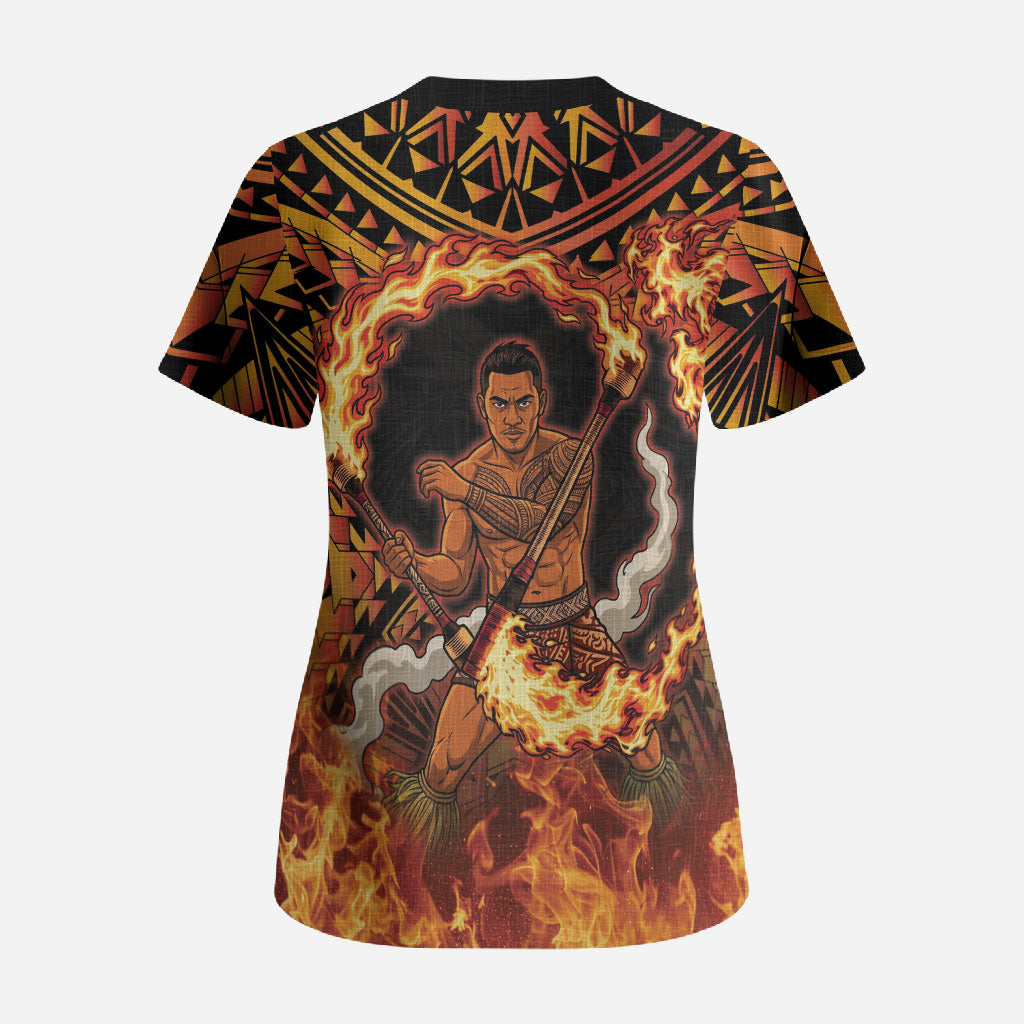 Samoa Siva Afi Dance Fireknife Scrub Top Samoan Tribal Motif Dancing in the Fire LT9 - Polynesian Pride