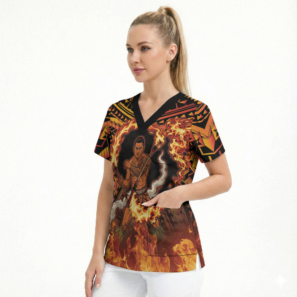 Samoa Siva Afi Dance Fireknife Scrub Top Samoan Tribal Motif Dancing in the Fire LT9 - Polynesian Pride