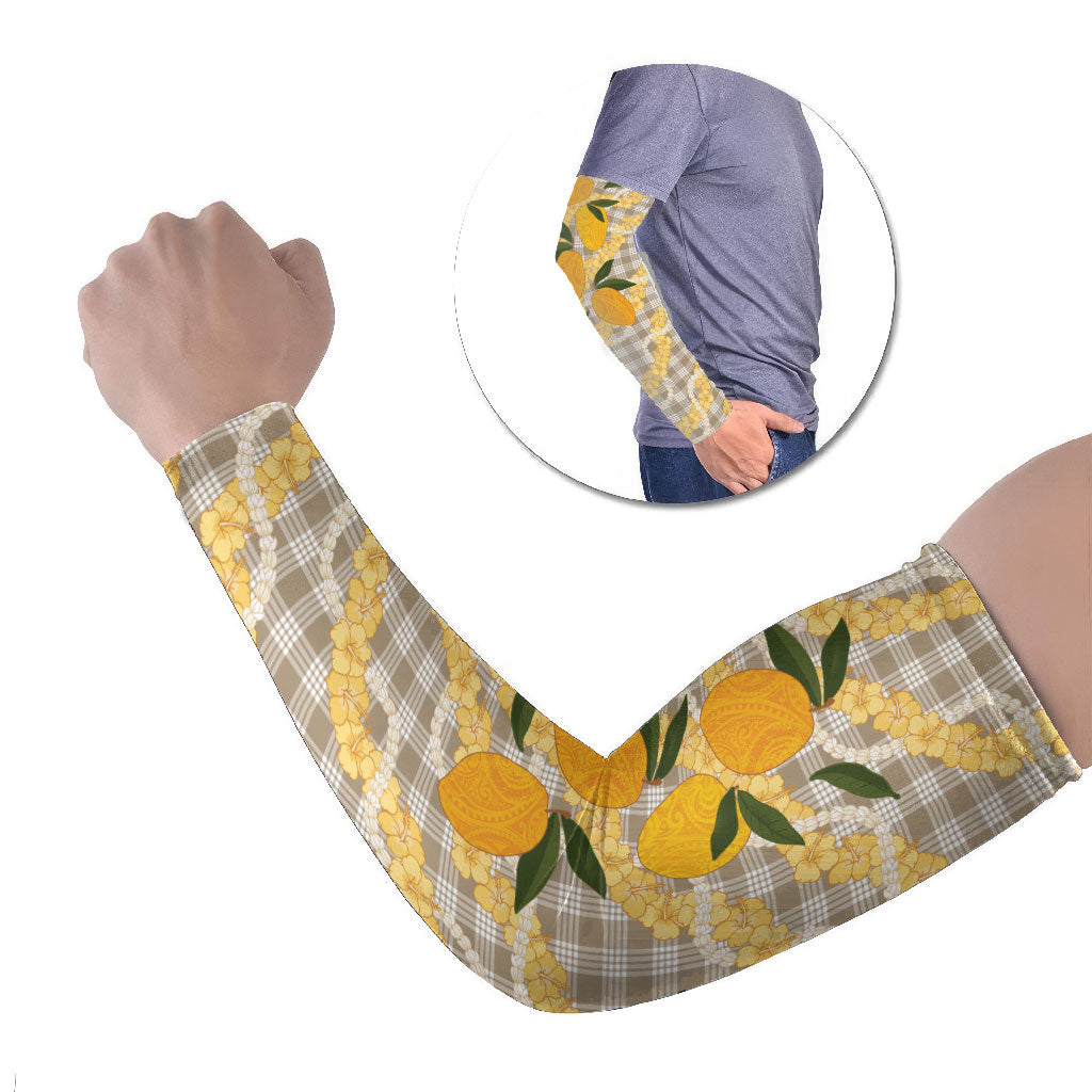 Maku'e Hawaiian Mango Palaka Arm Sleeves Aloha Hibiscus Pikake Lei LT9 Set of 2 Brown - Polynesian Pride