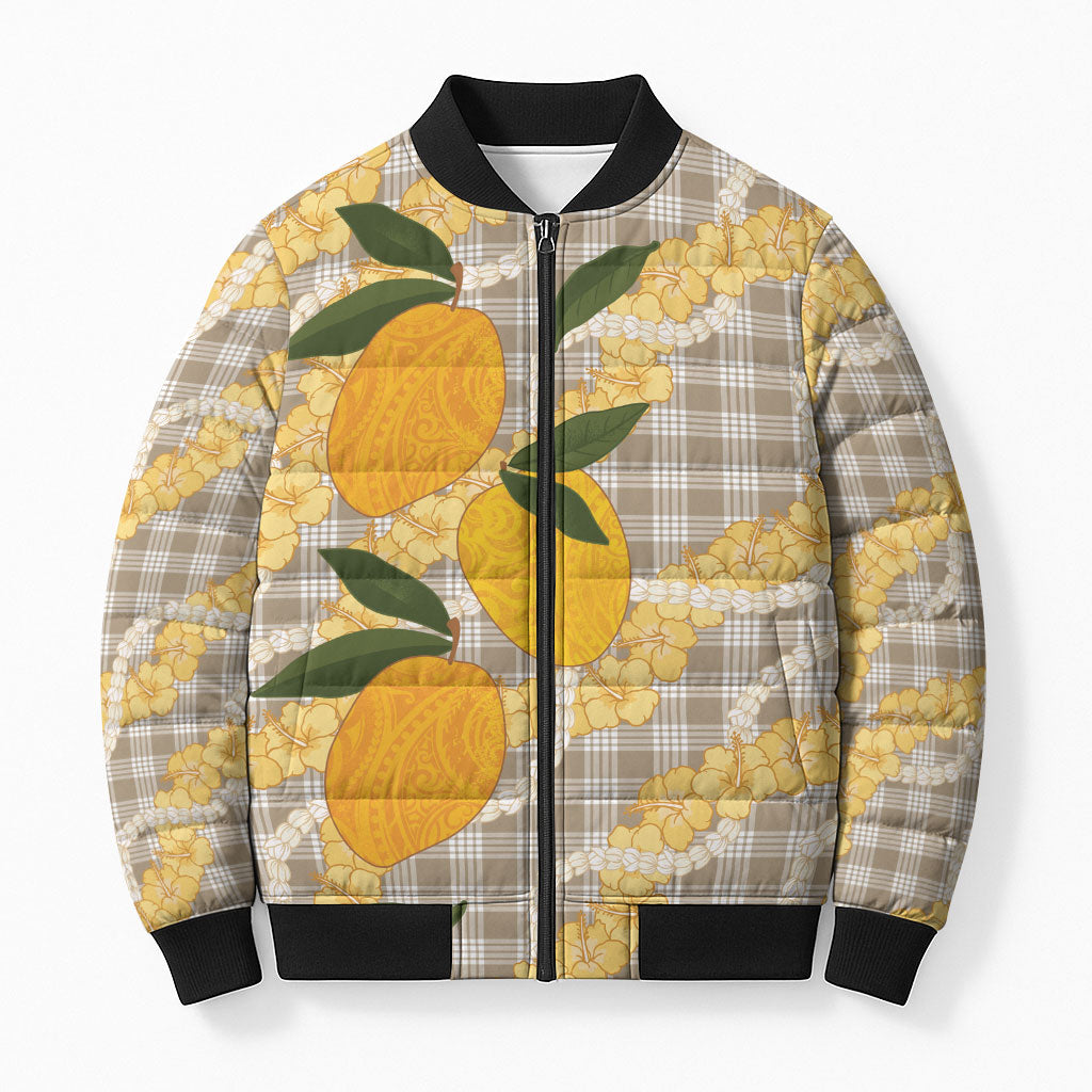 Maku'e Hawaiian Mango Palaka Bomber Puffer Jacket Aloha Hibiscus Pikake Lei LT9 Unisex Brown - Polynesian Pride