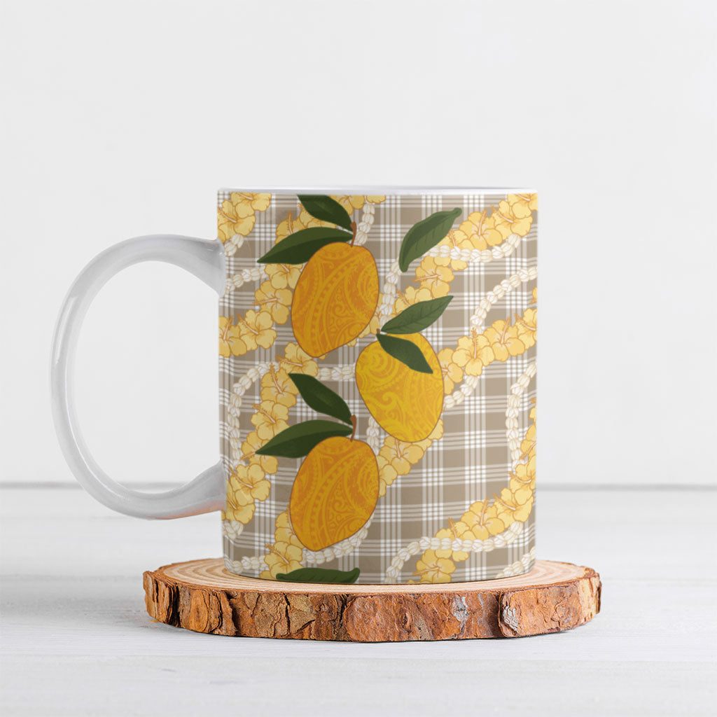 Maku'e Hawaiian Mango Palaka Ceramic Mug Aloha Hibiscus Pikake Lei LT9 Brown - Polynesian Pride