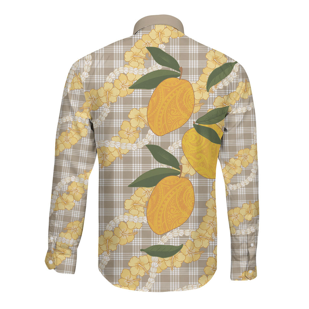 Maku'e Hawaiian Mango Palaka Long Sleeve Button Shirt Aloha Hibiscus Pikake Lei LT9 - Polynesian Pride