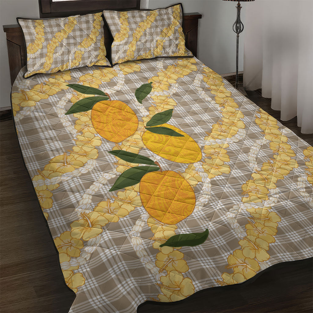 Maku'e Hawaiian Mango Palaka Quilt Bed Set Aloha Hibiscus Pikake Lei LT9 Brown - Polynesian Pride