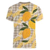 Maku'e Hawaiian Mango Palaka Women V-Neck T-Shirt Aloha Hibiscus Pikake Lei LT9 - Polynesian Pride