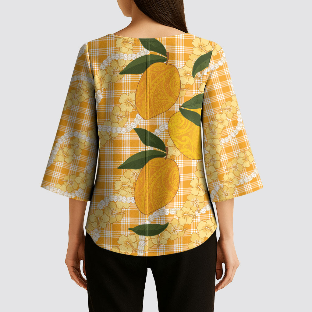 Alani Hawaiian Mango Palaka Kimono Sleeve Blouse Aloha Hibiscus Pikake Lei LT9 - Polynesian Pride