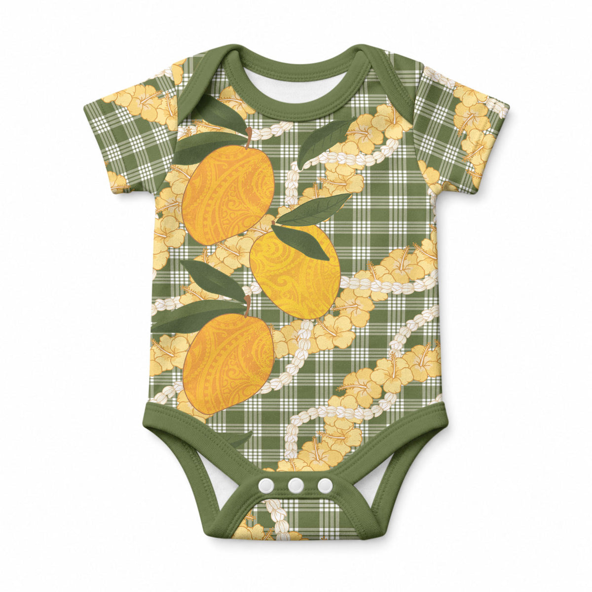 Uliuli Ahiahia Hawaiian Mango Palaka Baby Onesie Aloha Hibiscus Pikake Lei LT9 Sage Green - Polynesian Pride
