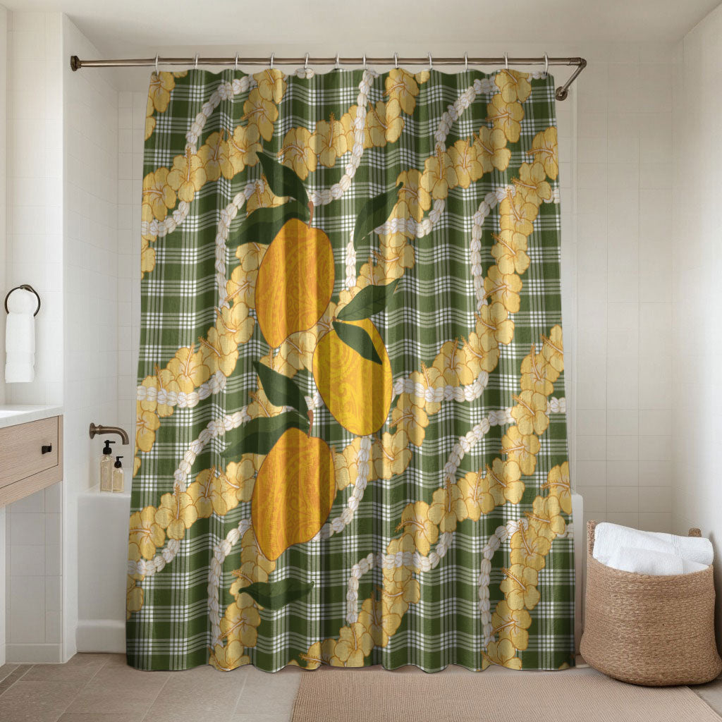 Uliuli Ahiahia Hawaiian Mango Palaka Bathroom Set Aloha Hibiscus Pikake Lei LT9 Shower Curtain Only Sage Green - Polynesian Pride