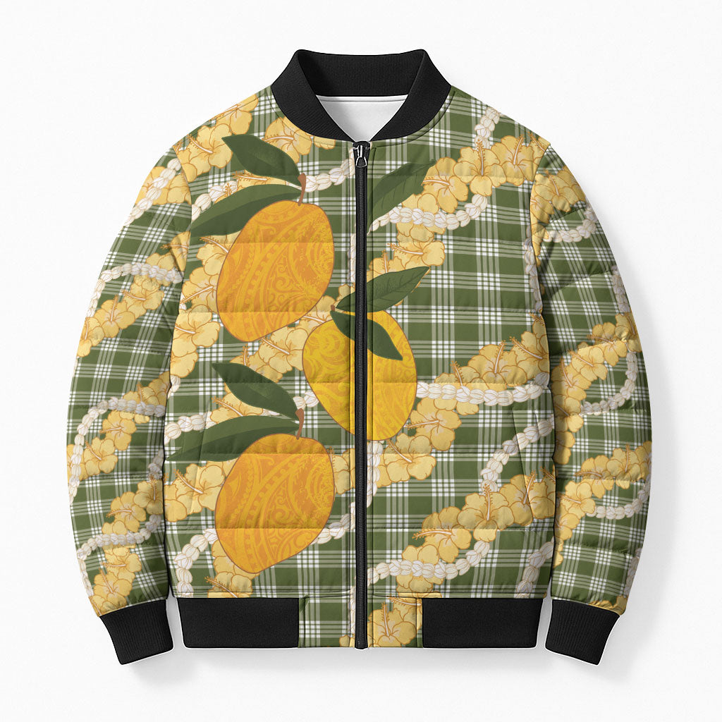 Uliuli Ahiahia Hawaiian Mango Palaka Bomber Puffer Jacket Aloha Hibiscus Pikake Lei LT9 Unisex Sage Green - Polynesian Pride