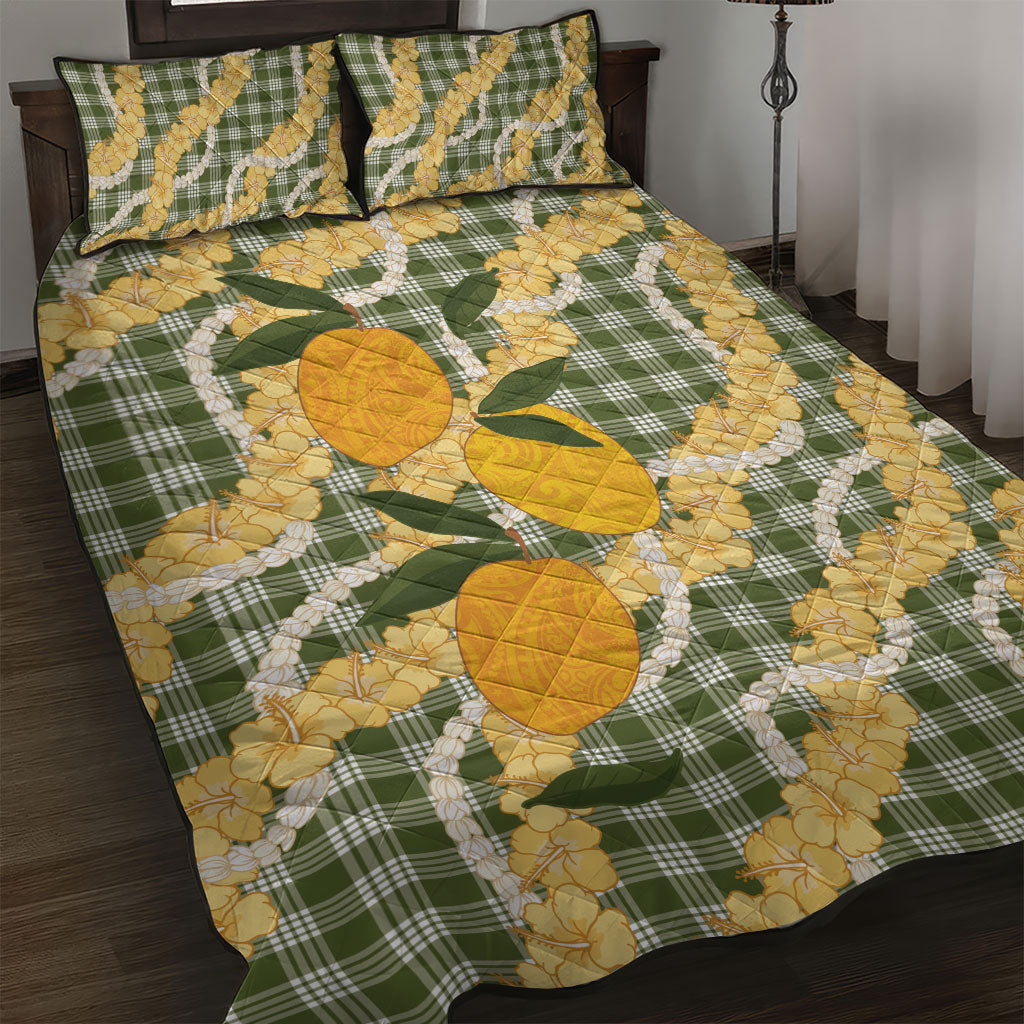 Uliuli Ahiahia Hawaiian Mango Palaka Quilt Bed Set Aloha Hibiscus Pikake Lei LT9 Sage Green - Polynesian Pride