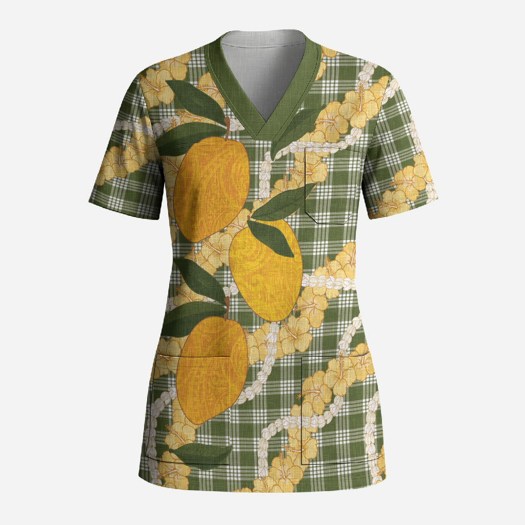 Uliuli Ahiahia Hawaiian Mango Palaka Scrub Top Aloha Hibiscus Pikake Lei LT9 Adult Sage Green - Polynesian Pride