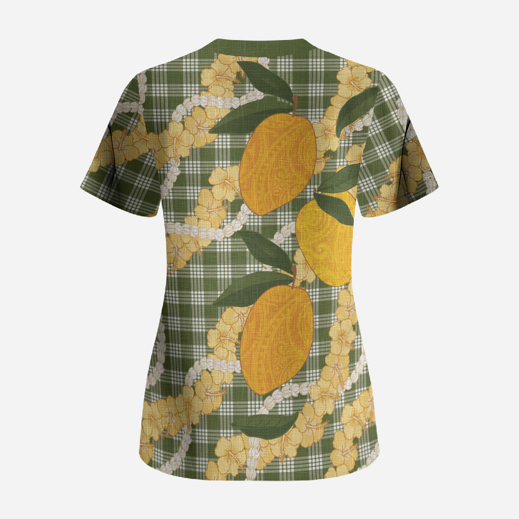 Uliuli Ahiahia Hawaiian Mango Palaka Scrub Top Aloha Hibiscus Pikake Lei LT9 - Polynesian Pride