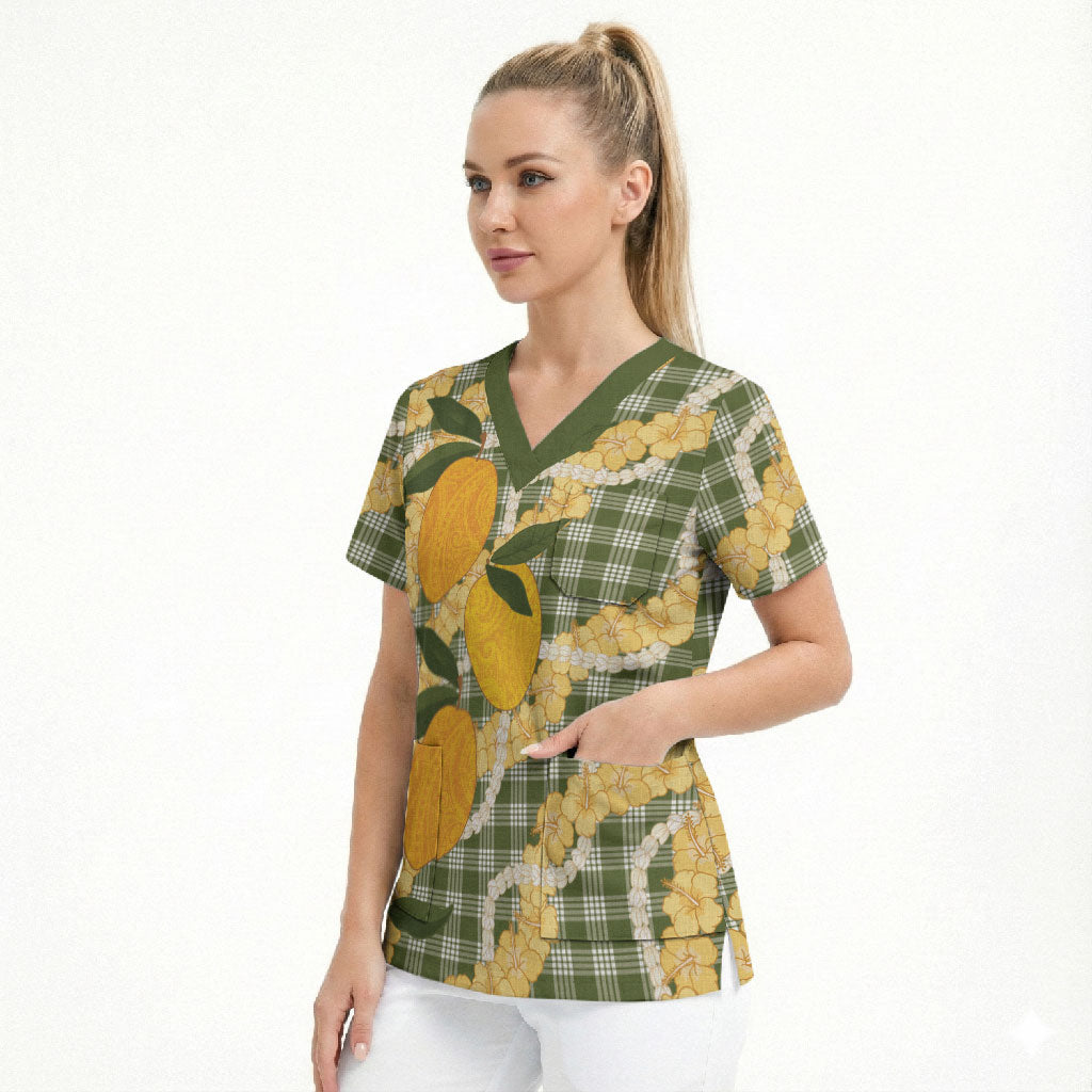 Uliuli Ahiahia Hawaiian Mango Palaka Scrub Top Aloha Hibiscus Pikake Lei LT9 - Polynesian Pride